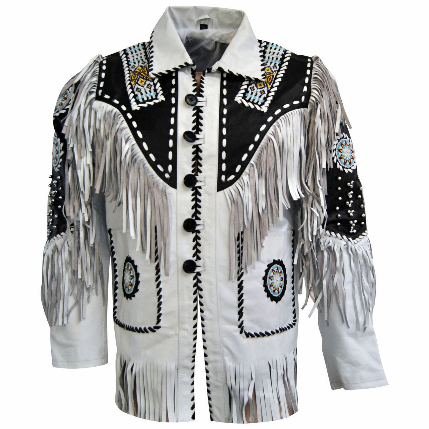 White Leather Native Beaded Fringe Jacket for Mens NSJ702