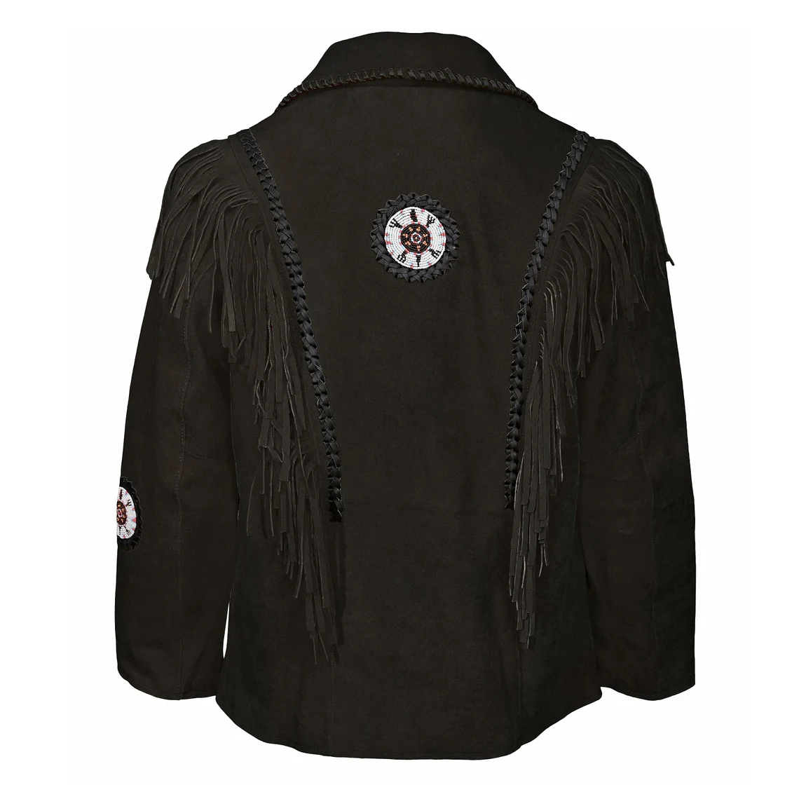 Black Suede Leather Native Beaded Fringe Jacket for Mens NSJ312