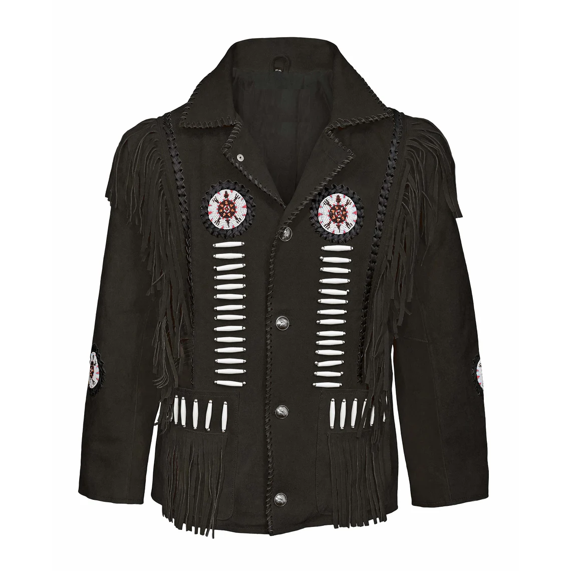 Black Suede Leather Native Beaded Fringe Jacket for Mens NSJ312