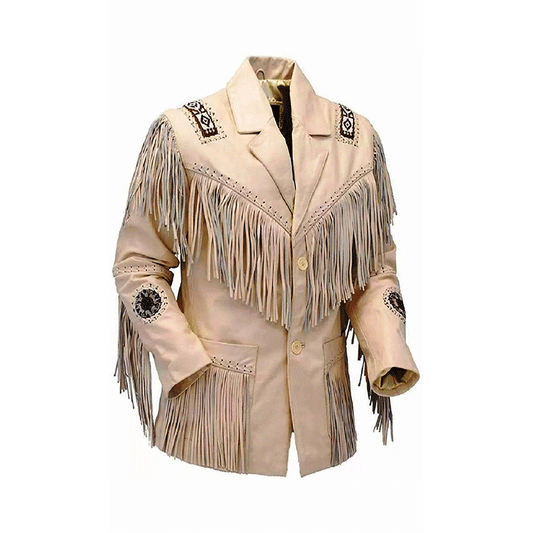 Beige Buckskin Leather Beaded Fringe Jacket for Mens NSJ120