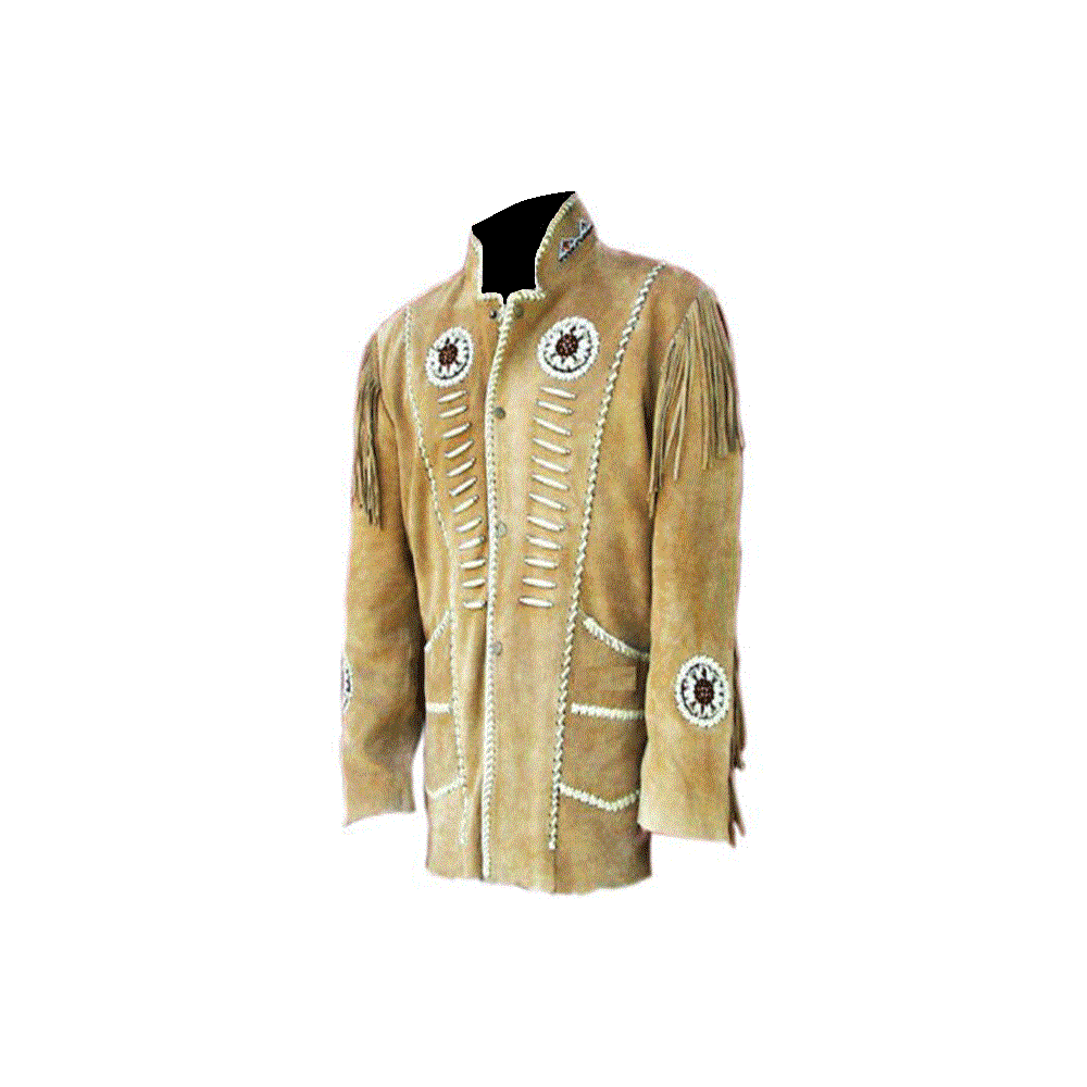 Beige Suede Native Beaded Jacket for Mens NSJ113