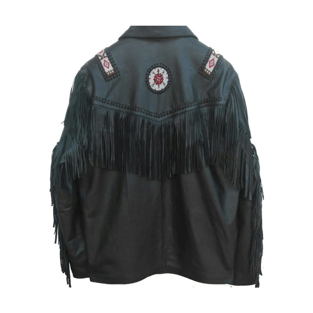 Black Leather Native Beaded Fringe Jacket for Mens NSJ306