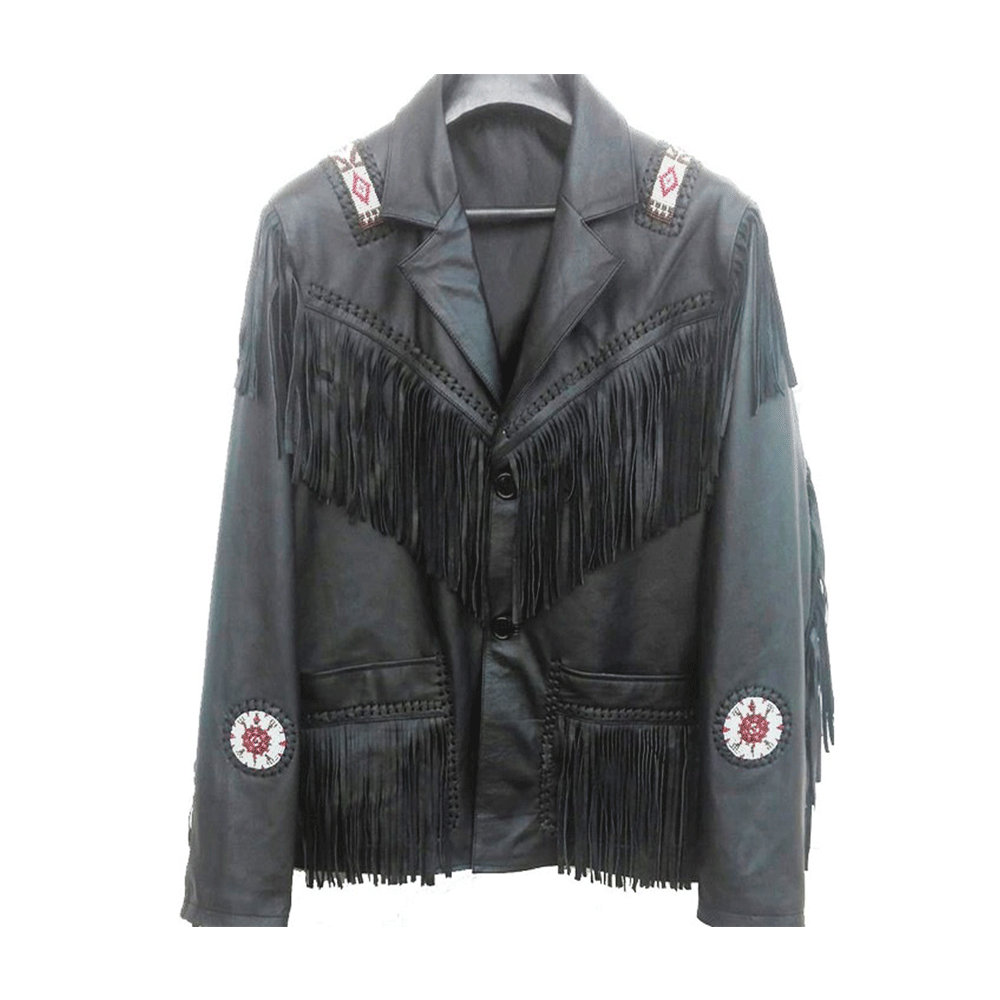 Black Leather Native Beaded Fringe Jacket for Mens NSJ306