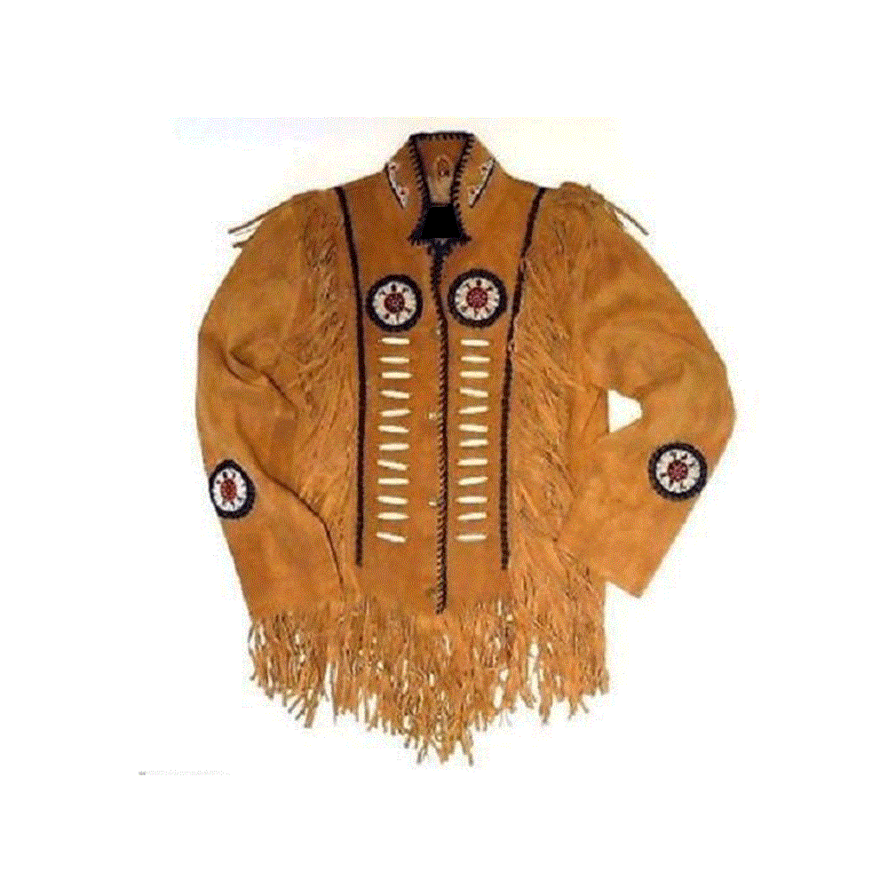 Brown Suede Leather Native Beaded Fringe Jacket for Mens NSJ401