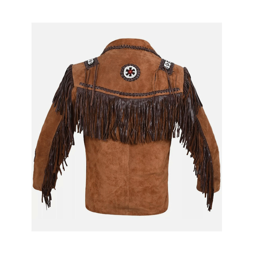 Brown Suede Leather Native Beaded Fringe Jacket for Mens NSJ403