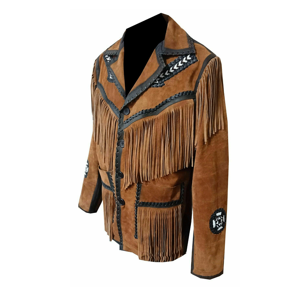 Brown Suede Leather Native Arrow Beaded Fringe Jacket for Mens NSJ404