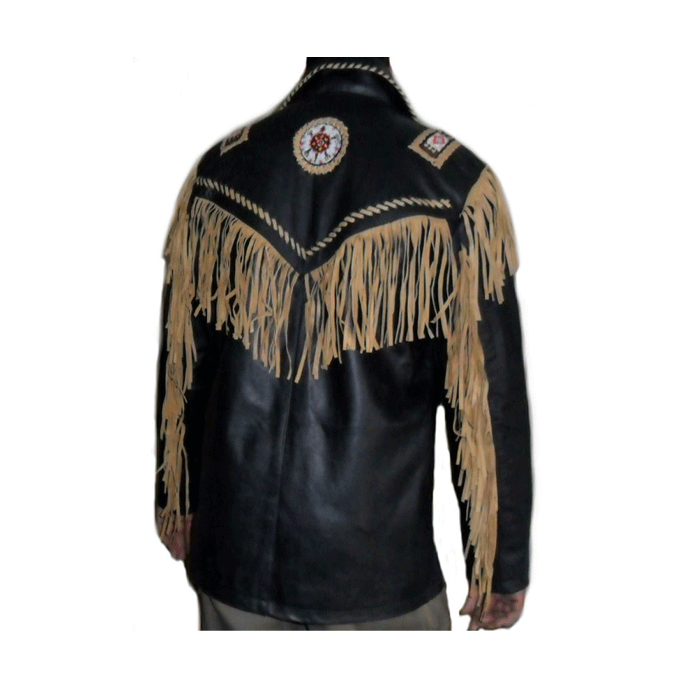 Black Leather Native Beaded Fringe Jacket for Mens NSJ304
