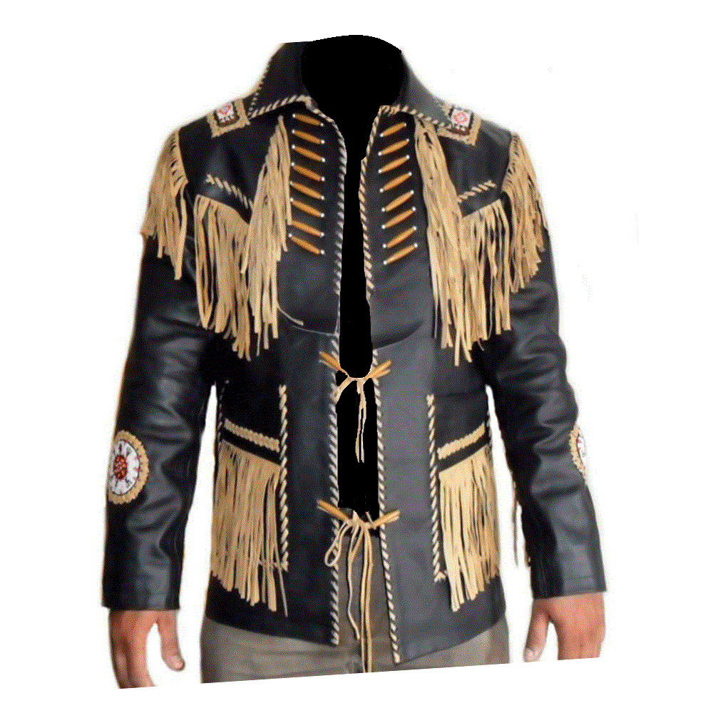 Black Leather Native Beaded Fringe Jacket for Mens NSJ304