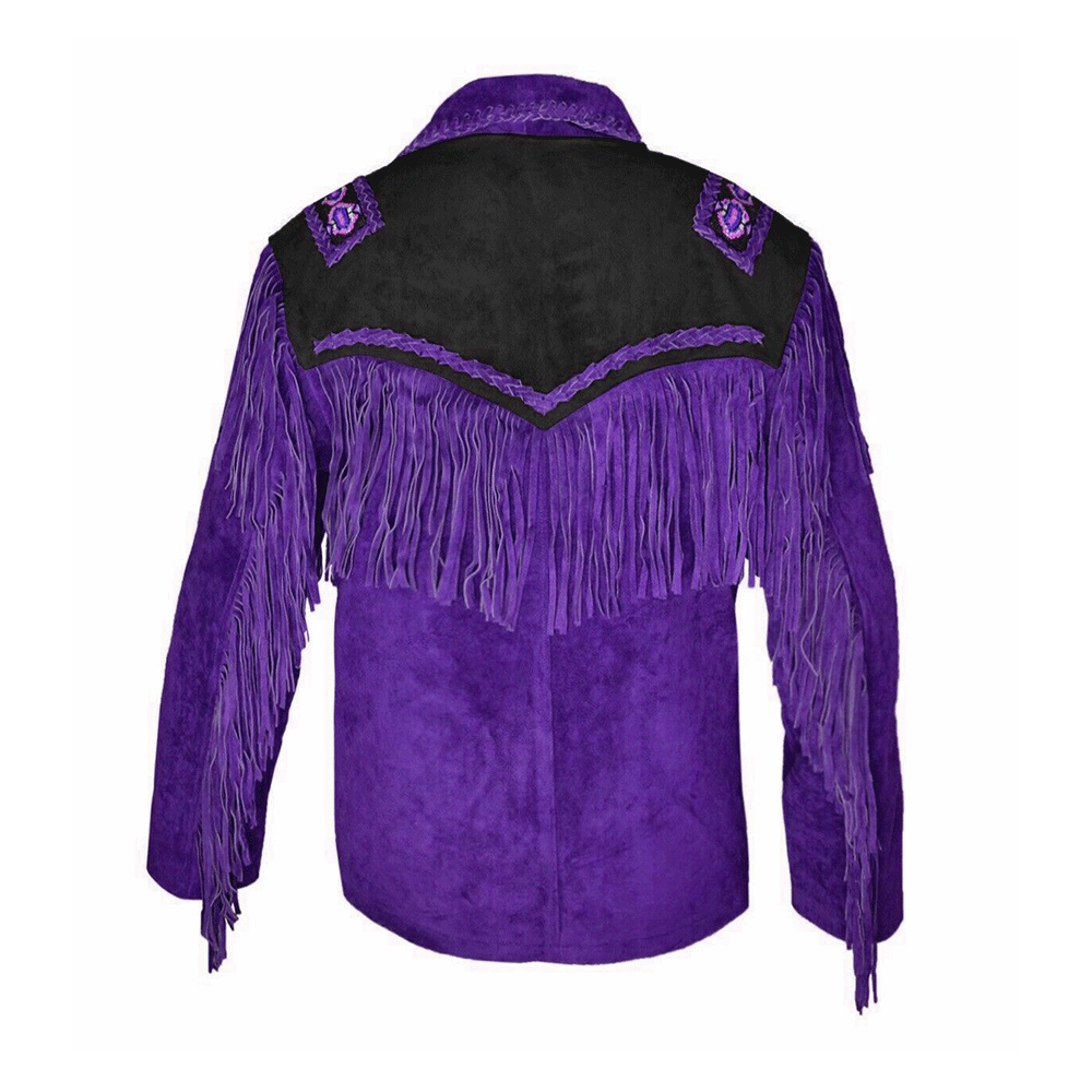 Purple Suede Leather Native Beaded Fringe Jacket for Mens NSJ602
