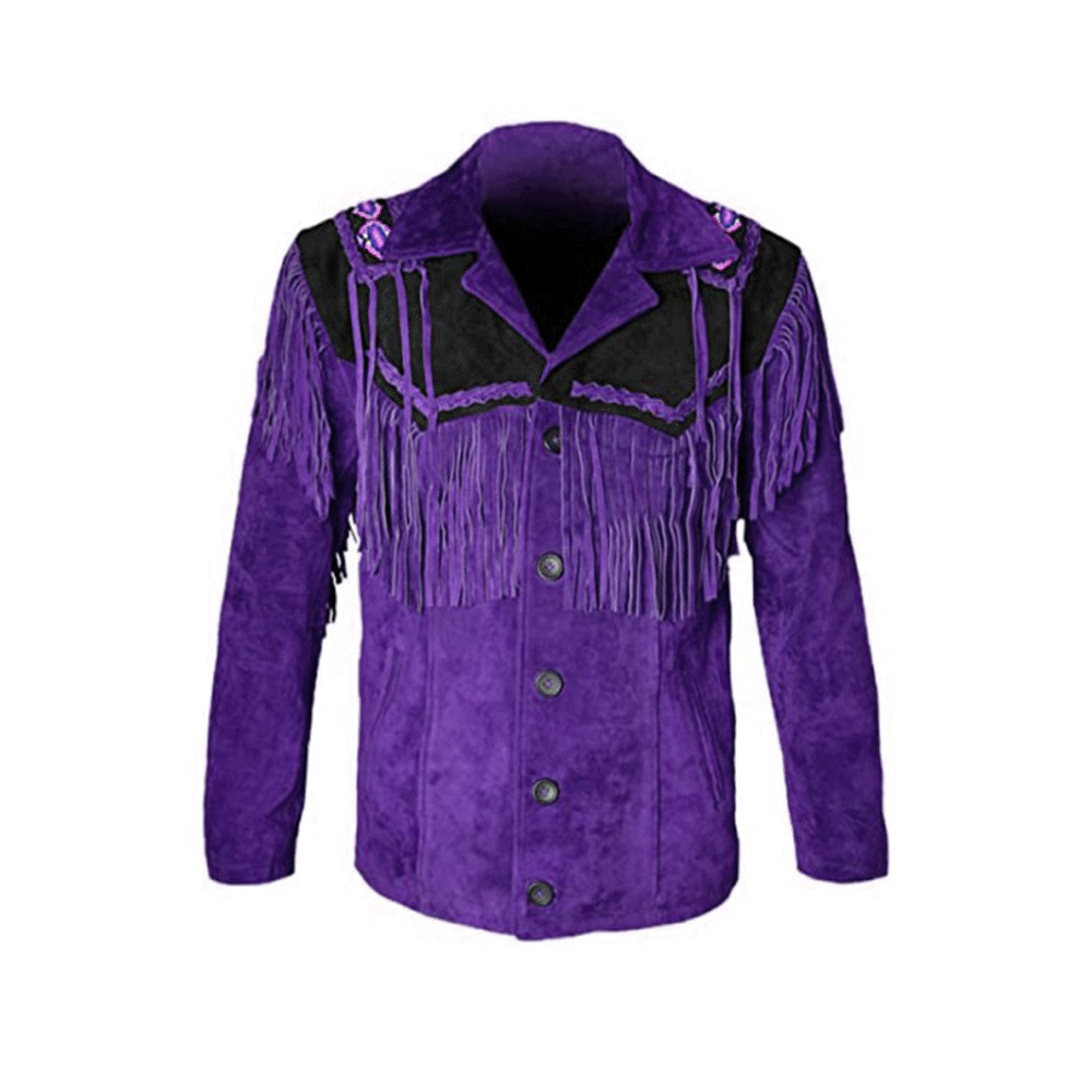 Purple Suede Leather Native Beaded Fringe Jacket for Mens NSJ602