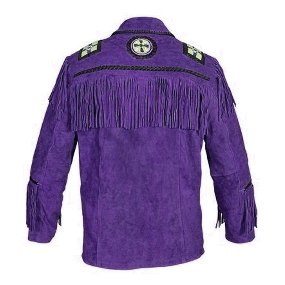 Purple Suede Leather Native Eagle Beaded Fringe Jacket for Mens NSJ601