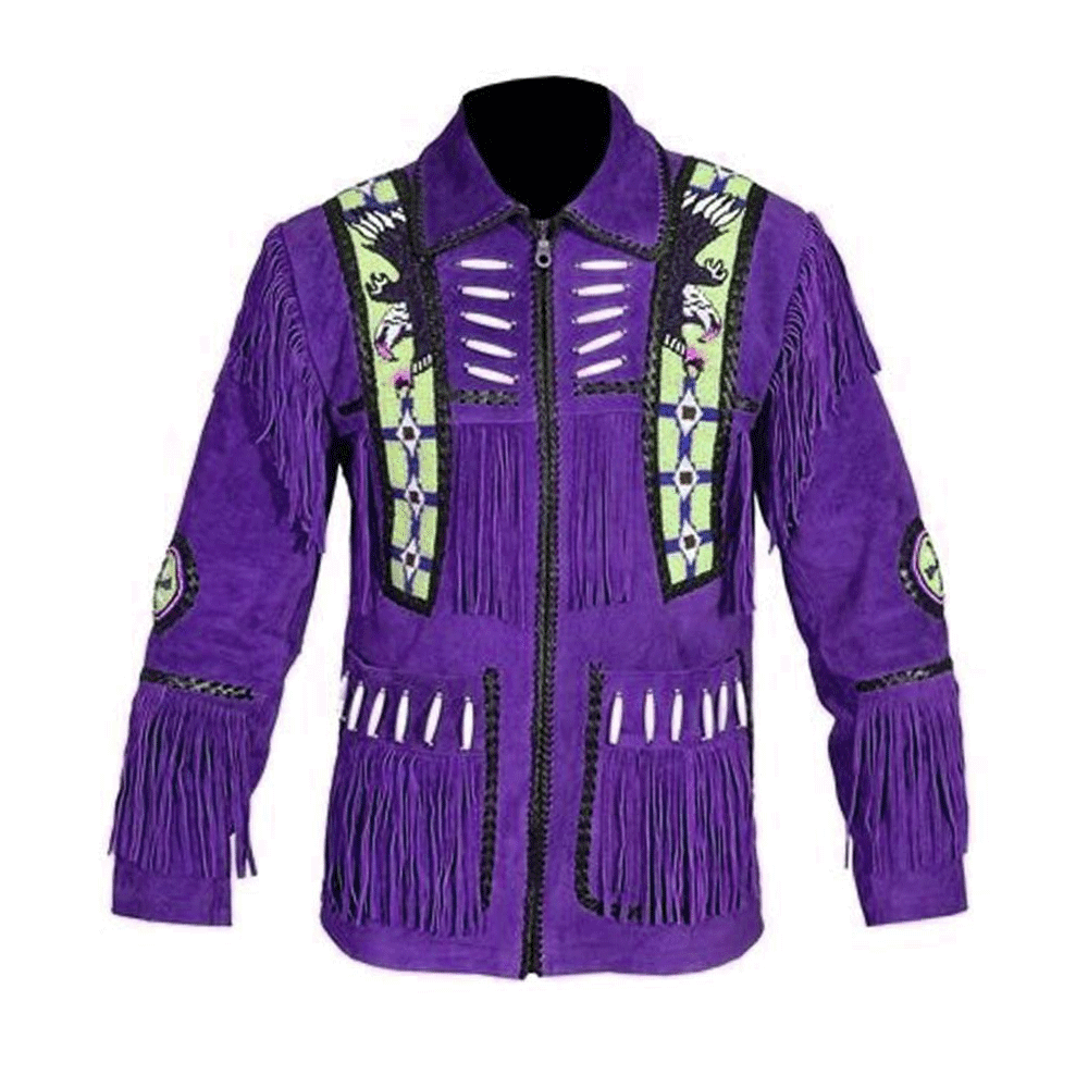 Purple Suede Leather Native Eagle Beaded Fringe Jacket for Mens NSJ601