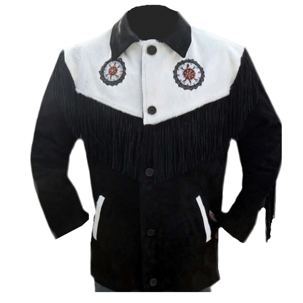Black Suede Leather Native Beaded Fringe Jacket for Mens NSJ318