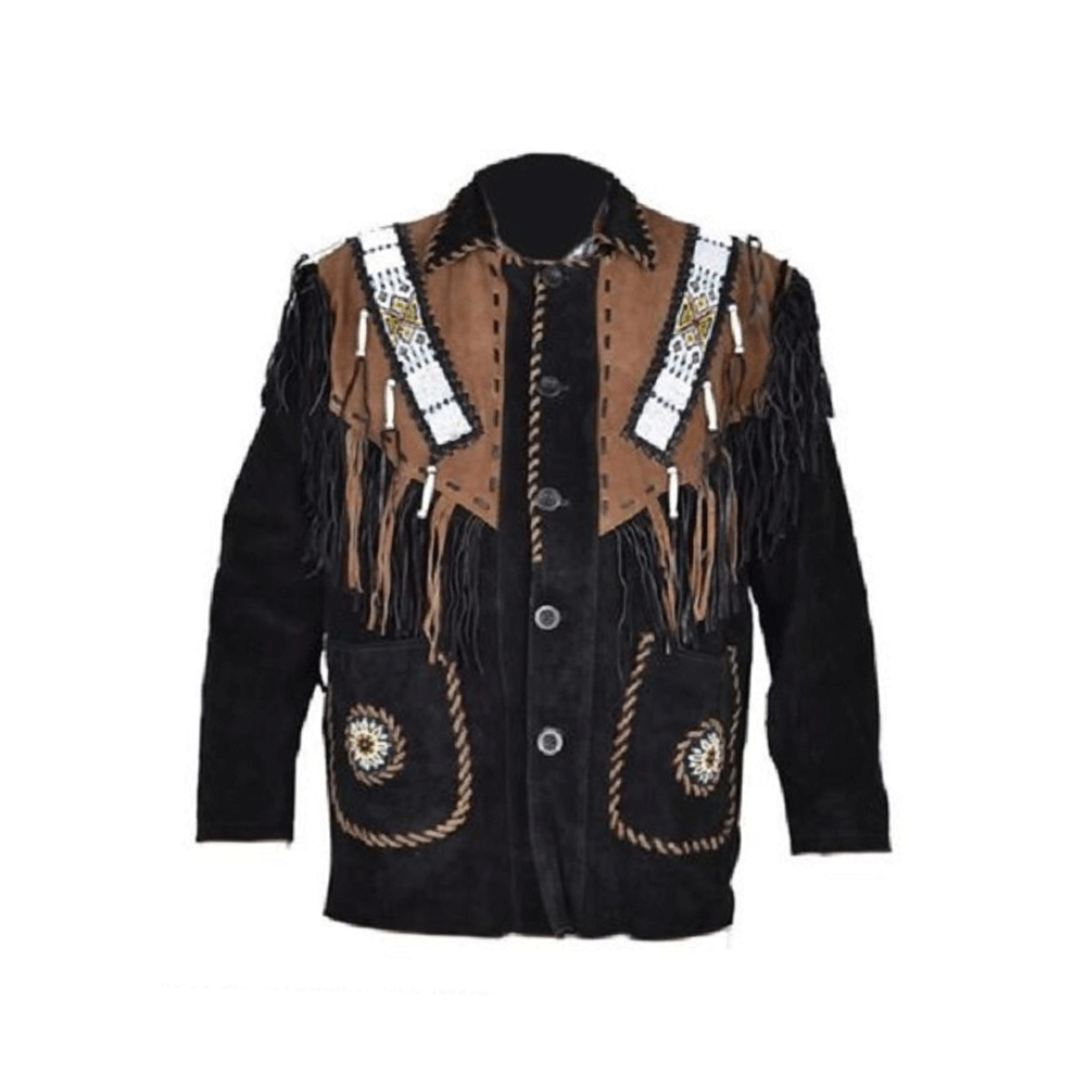 Black Suede Leather Native Beaded Fringe Jacket for Mens NSJ321