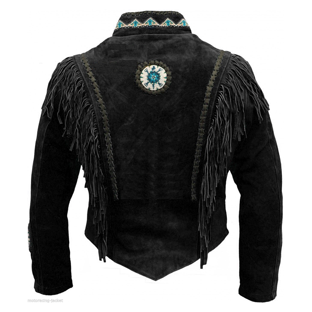 Black Suede Leather Native Beaded Fringe Jacket for Mens NSJ324