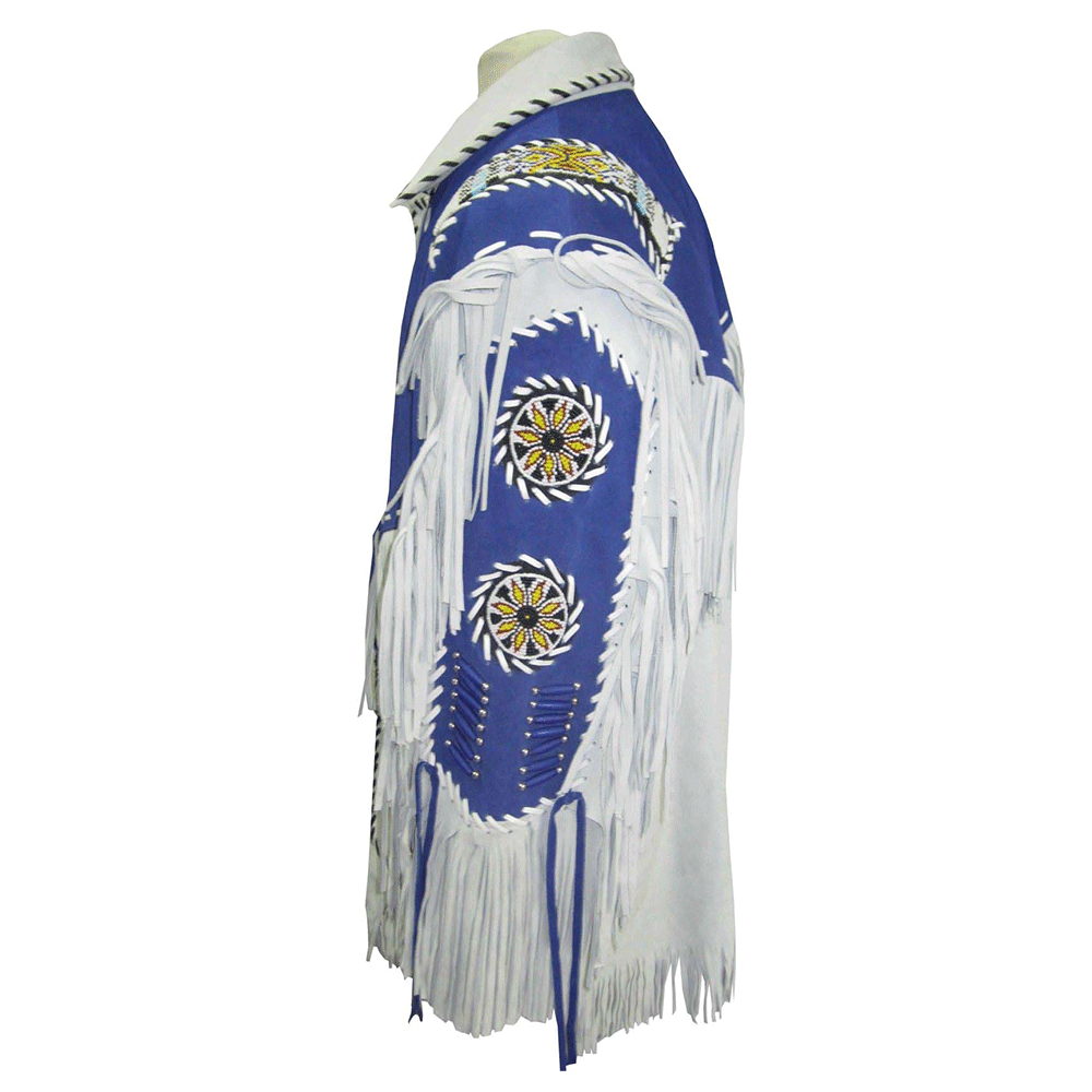 White Leather Native Beaded Fringe Jacket for Mens NSJ708