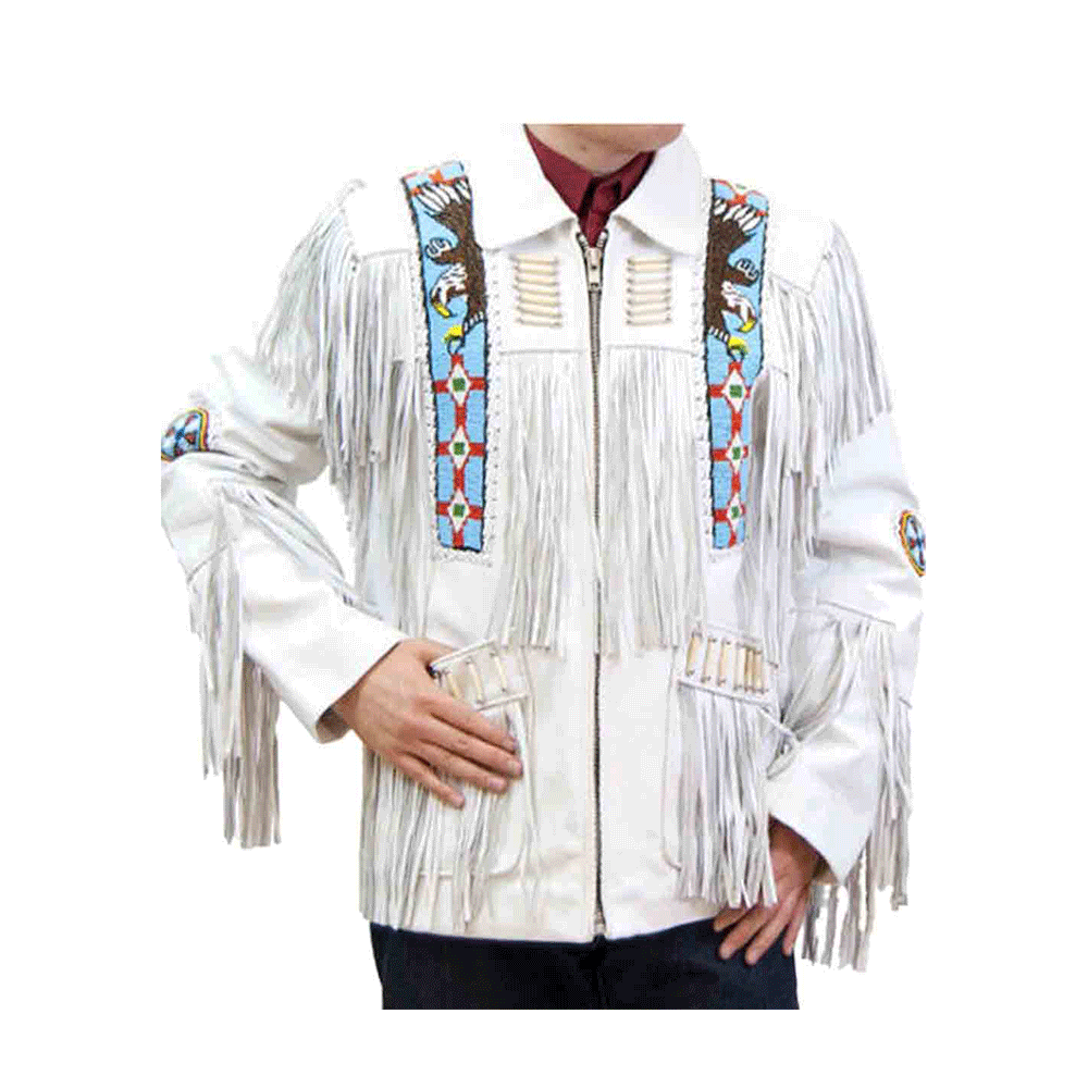 White Leather Native Eagle Beaded Fringe Jacket for Mens NSJ709