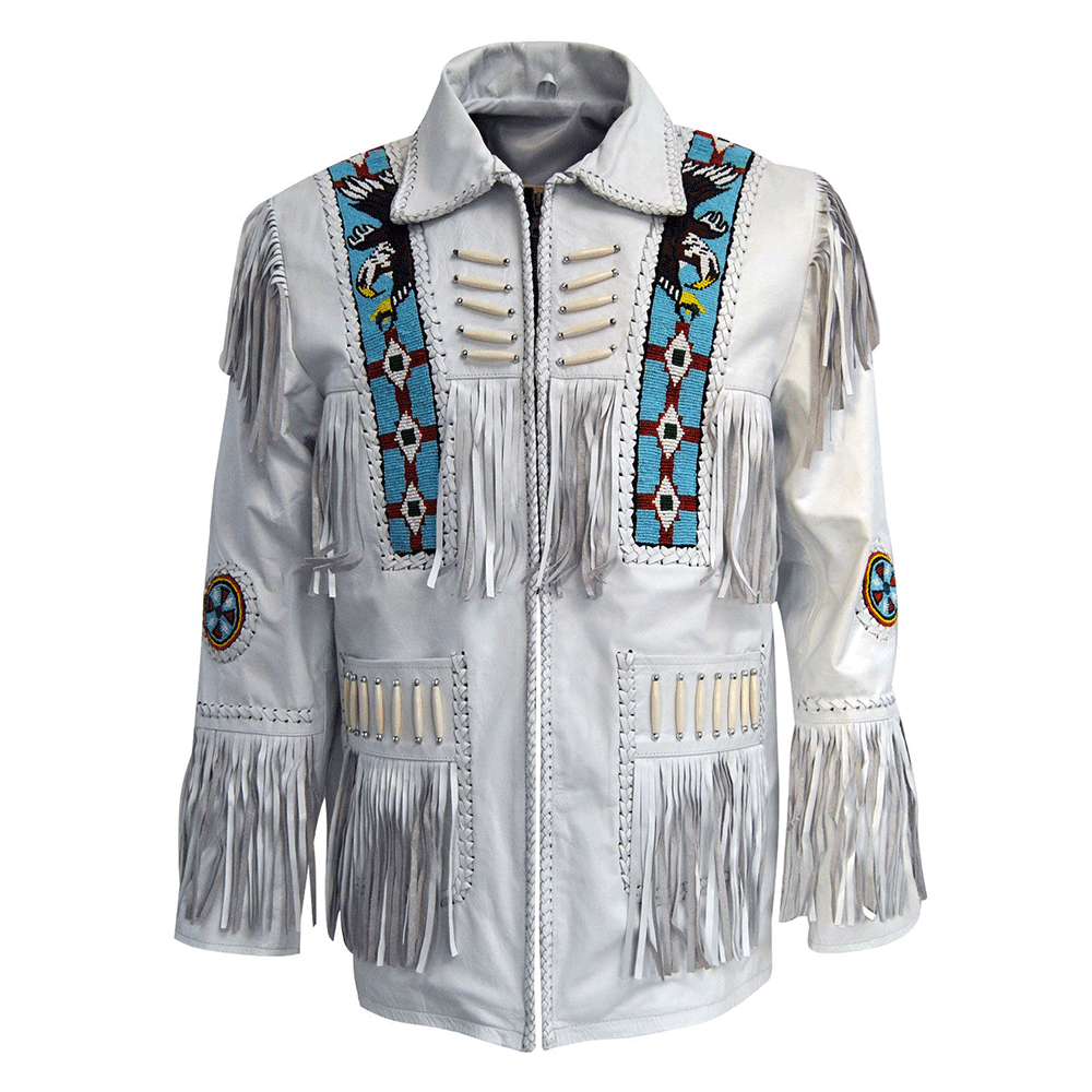 White Leather Native Eagle Beaded Fringe Jacket for Mens NSJ710