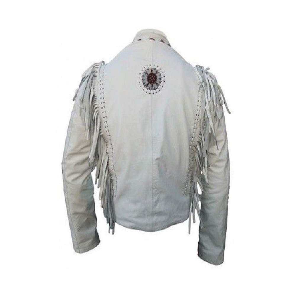 White Leather Native Bone Beaded Fringe Jacket for Mens NSJ701