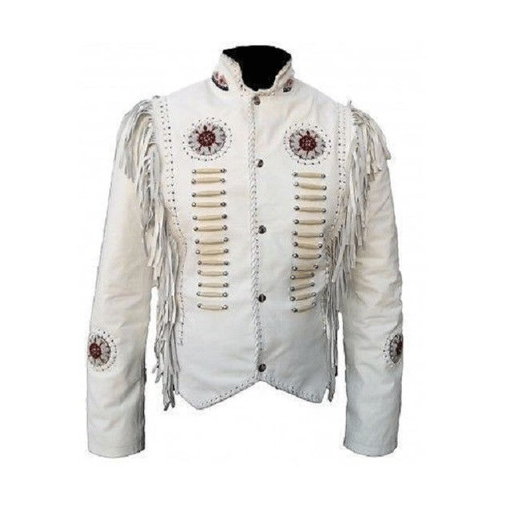 White Leather Native Bone Beaded Fringe Jacket for Mens NSJ701