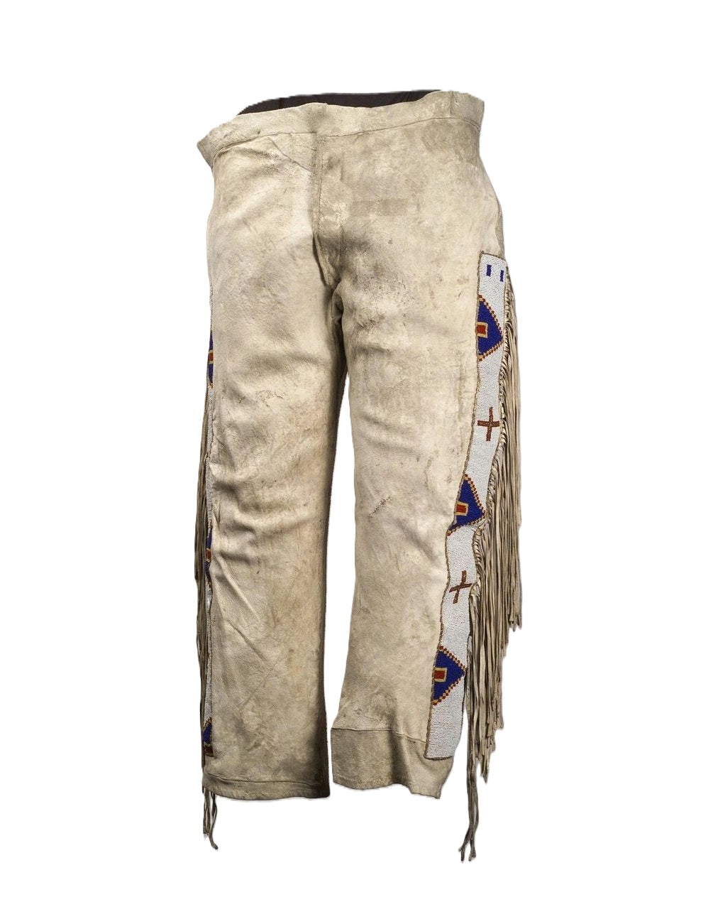 Beige Buckskin Suede Leather Native American Powwow Style Beaded Fringe Pants for Men NP1002