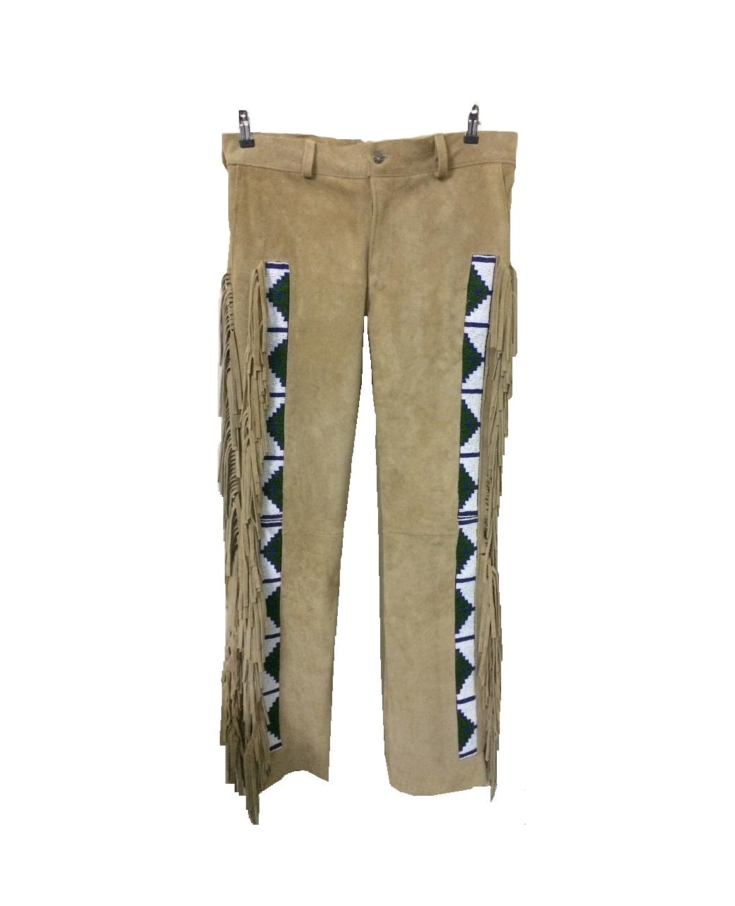 Beige Buckskin Suede Leather Native American Powwow Style Beaded Fringe Pants for Men NP1557
