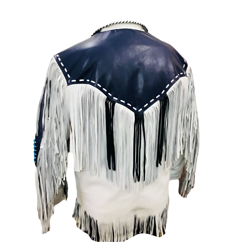 White Leather Native Beaded Fringe Jacket for Mens NSJ704