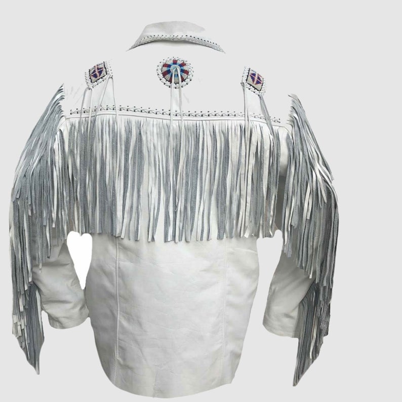 White Leather Native Beaded Fringe Jacket for Mens NSJ705