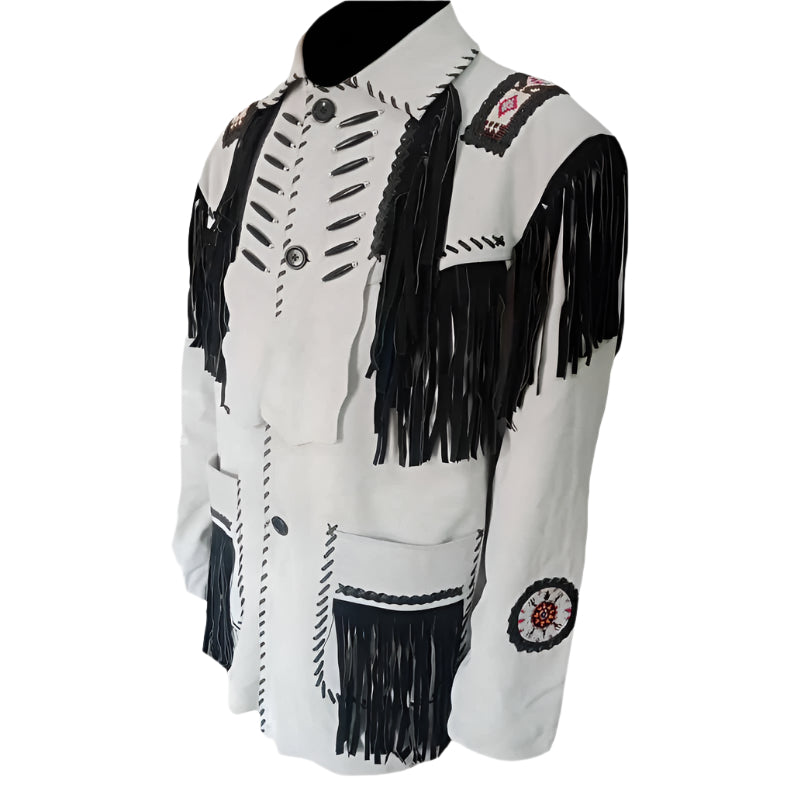 White Leather Native Beaded Fringe Jacket for Mens NSJ706