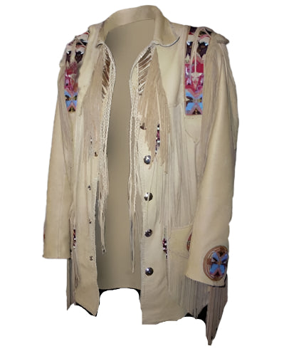 Beige Leather Native Beaded Fringe Jacket for Mens NSJ132