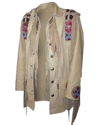 Beige Leather Native Beaded Fringe Jacket for Mens NSJ132