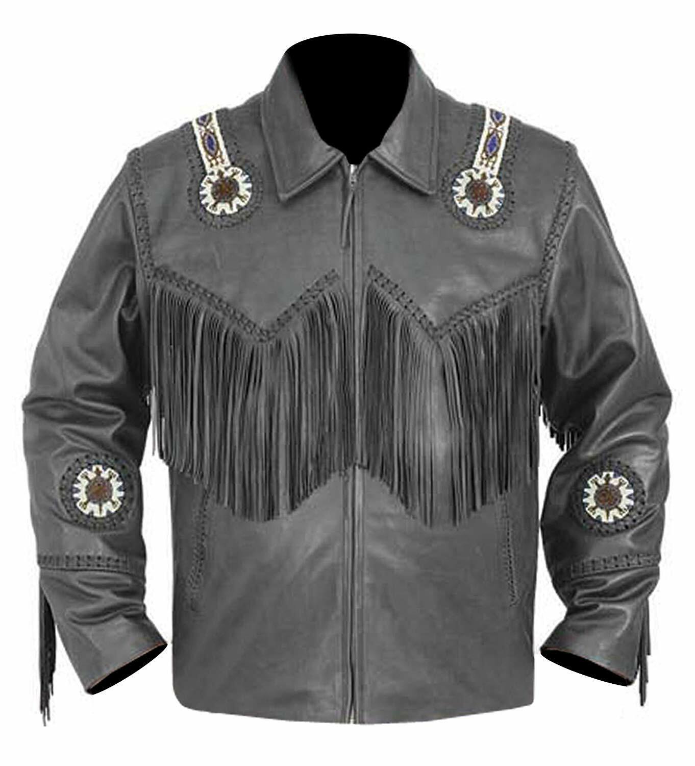 Black Leather Native Beaded Fringe Jacket for Cowboy Mens NSJ308