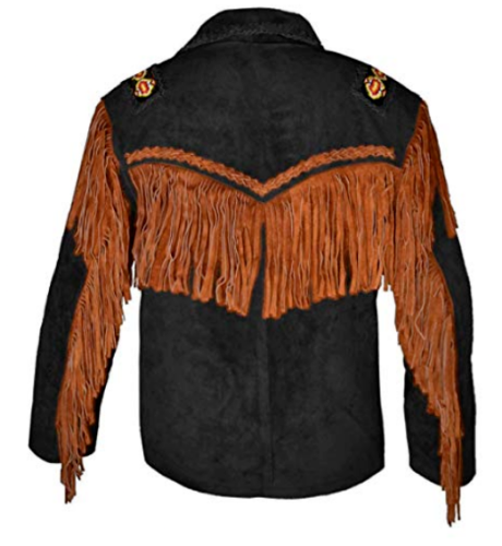 Black Suede Leather Native Beaded Fringe Jacket for Mens NSJ313