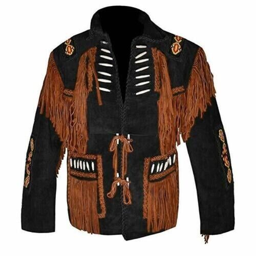 Black Suede Leather Native Beaded Fringe Jacket for Mens NSJ313