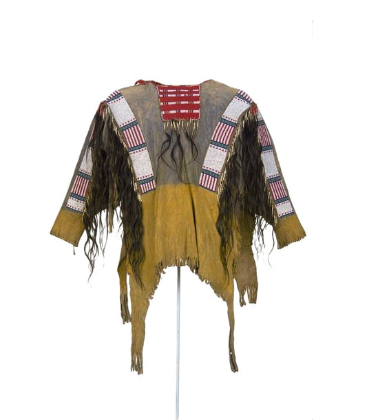 Tan Buckskin Native American Style Handmade Powwow Beaded War Shirt PWS3193