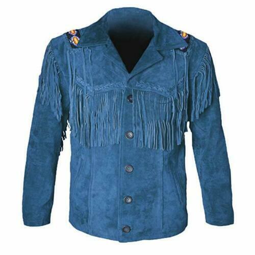 Blue Suede Leather Native Beaded Fringe Jacket for Mens NSJ502