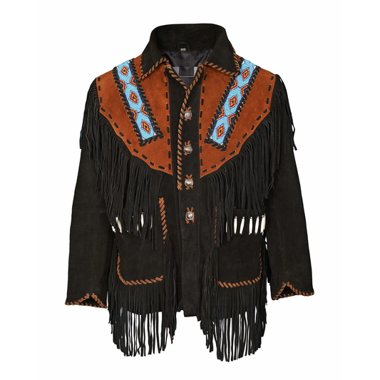 Black Suede Native Beaded Jacket for Mens NSJ311