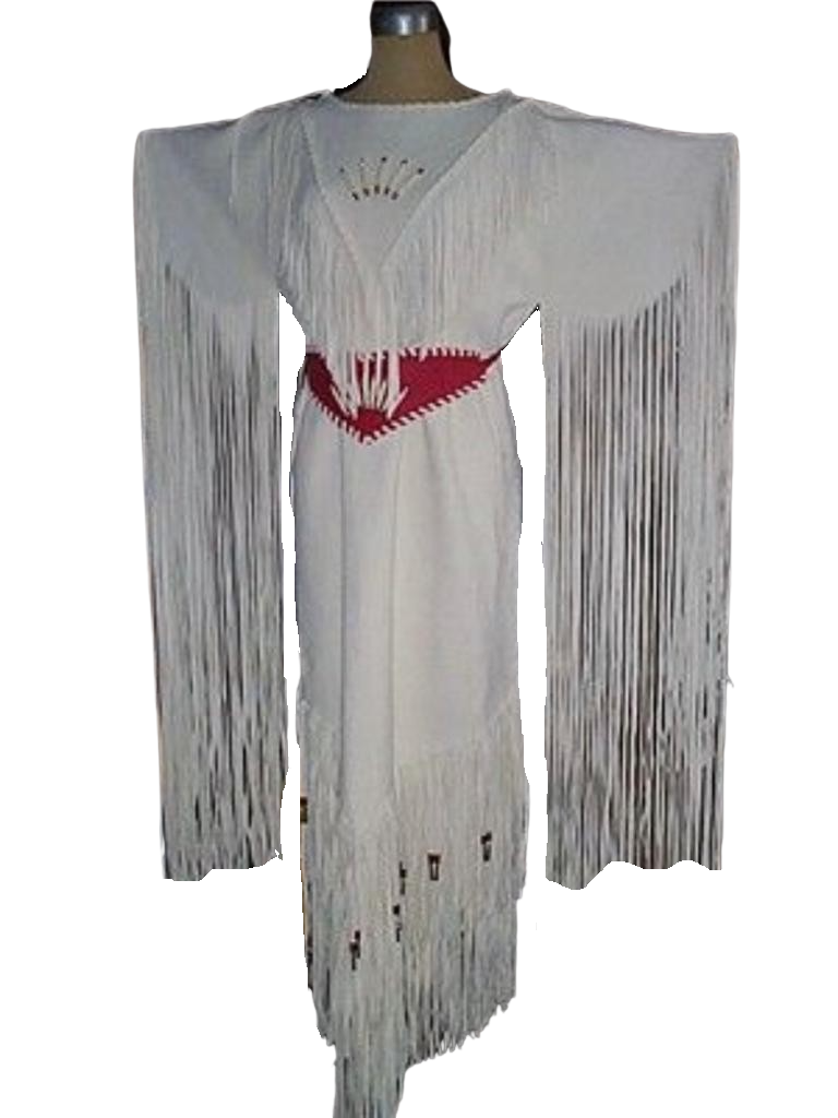 Native Women White Leather Long Fringes Wedding Dress Powwow Regalia PWD109