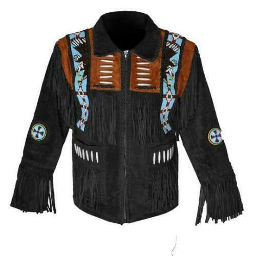 Black Suede Leather Native Eagle Beaded Fringe Jacket for Mens NSJ314