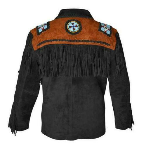 Black Suede Leather Native Eagle Beaded Fringe Jacket for Mens NSJ314