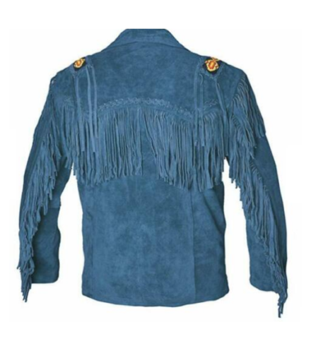 Blue Suede Leather Native Beaded Fringe Jacket for Mens NSJ502