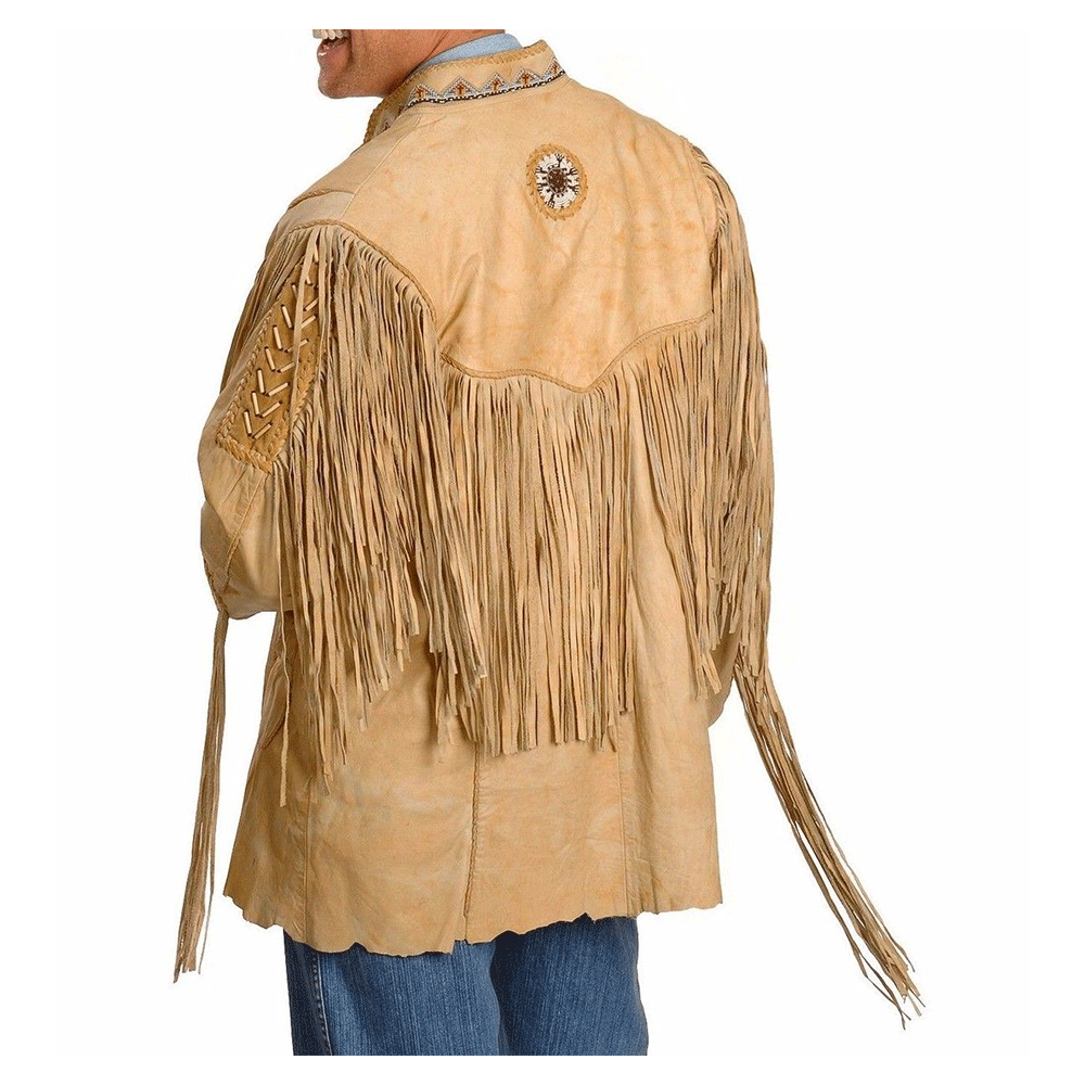 Beige Leather Native Beaded Fringe Jacket for Cowboy Mens NSJ127