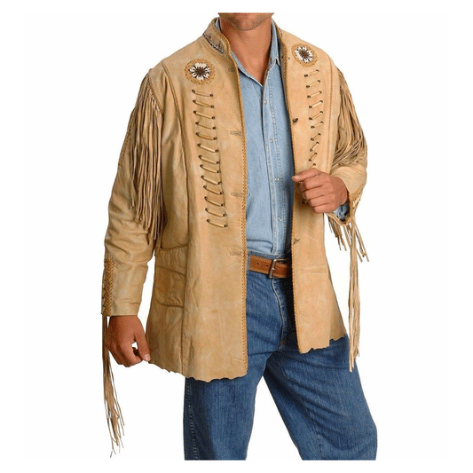 Beige Leather Native Beaded Fringe Jacket for Cowboy Mens NSJ127