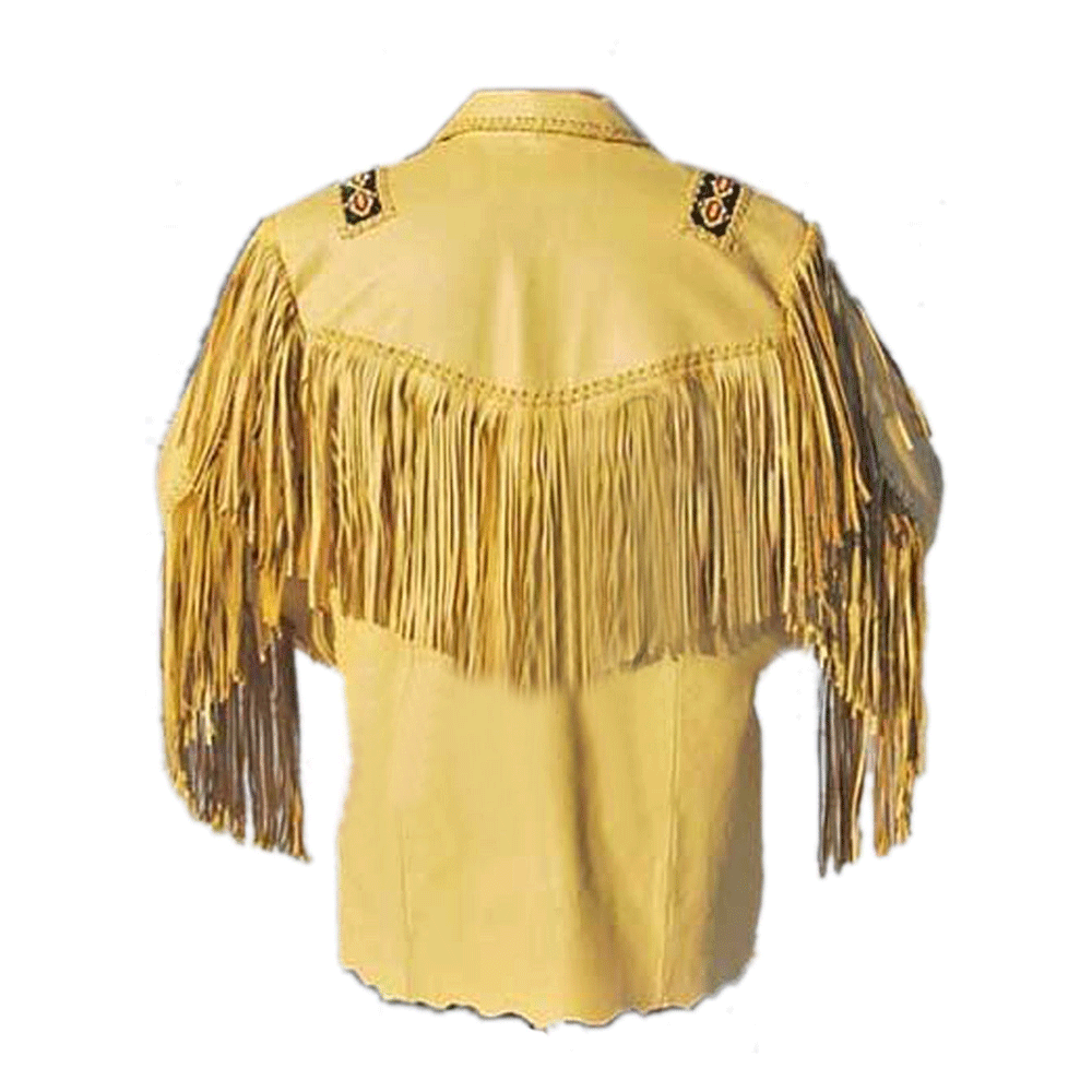 Beige Leather Native Beaded Fringe Jacket for Mens NSJ130