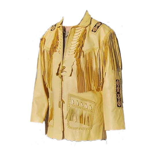 Beige Leather Native Beaded Fringe Jacket for Mens NSJ130