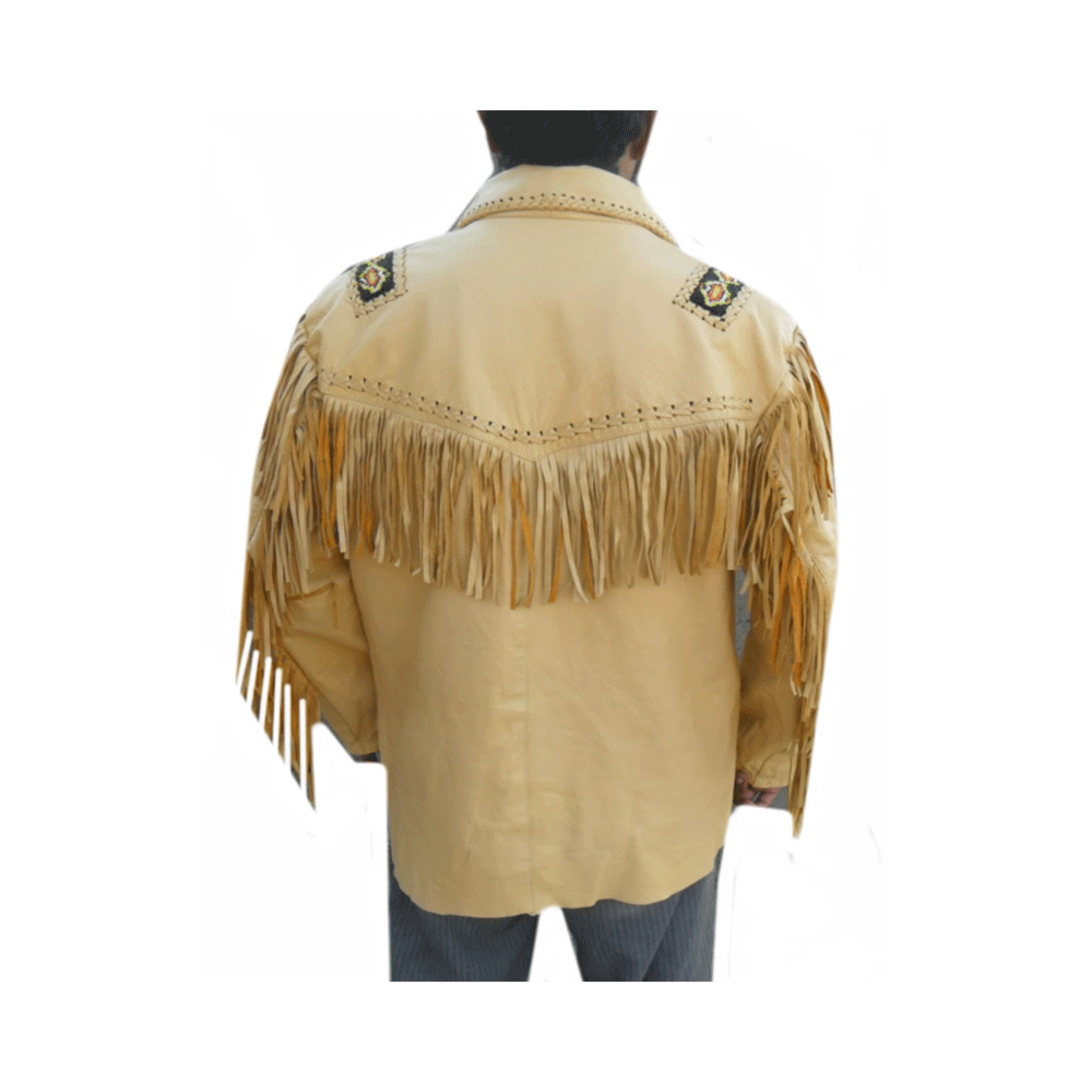 Beige Leather Native Beaded Fringe Jacket for Cowboy Mens NSJ129