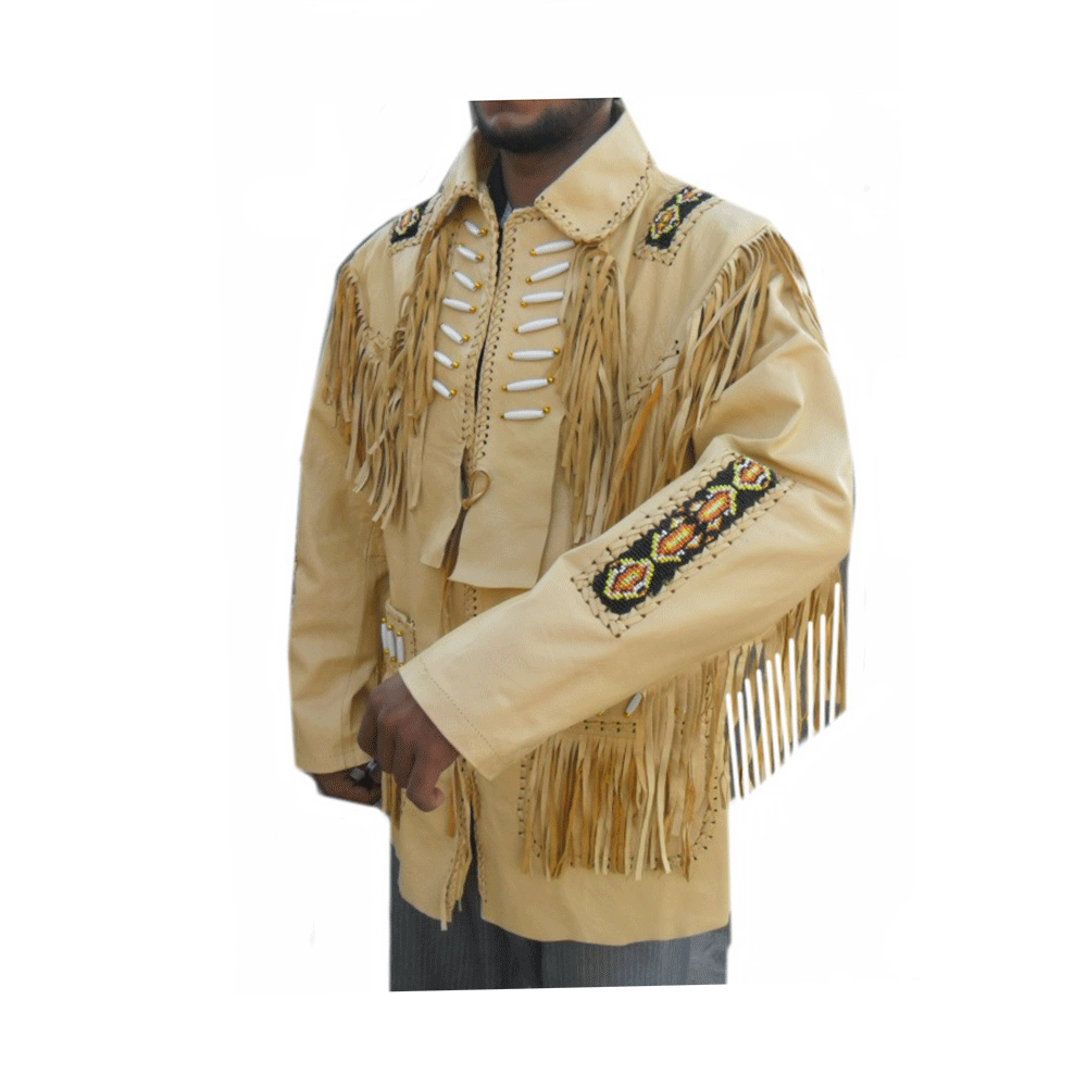 Beige Leather Native Beaded Fringe Jacket for Cowboy Mens NSJ129