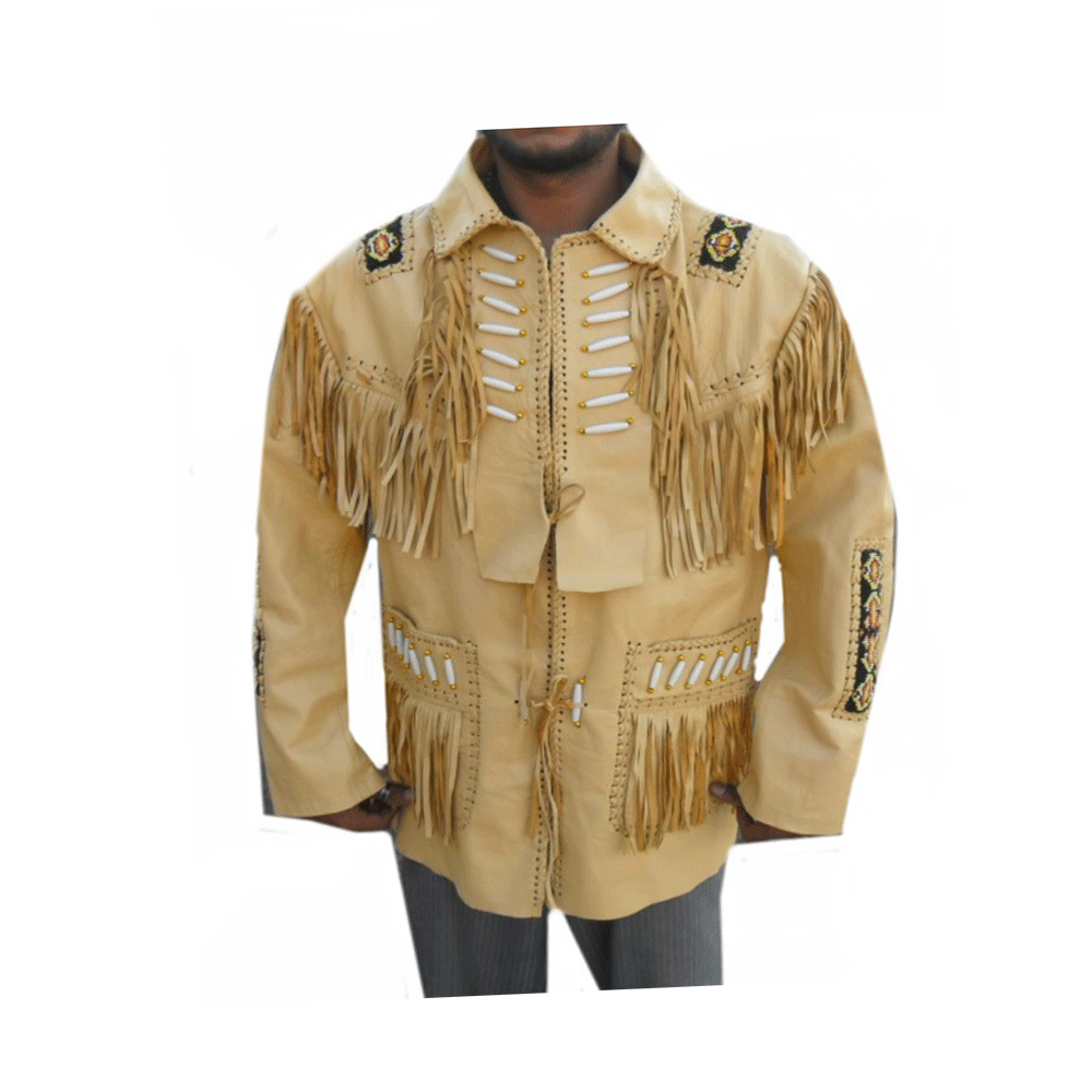 Beige Leather Native Beaded Fringe Jacket for Cowboy Mens NSJ129