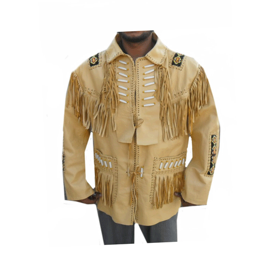Beige Leather Native Beaded Fringe Jacket for Cowboy Mens NSJ129