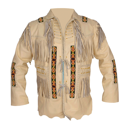 Beige Leather Native Beaded Fringe Jacket for Mens NSJ133